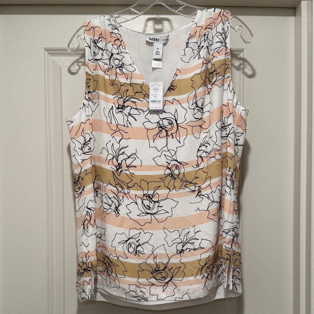 White House Black Market Floral Stripe Sleeveless Blouse - White, Peach, Tan